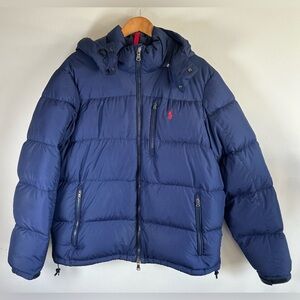 Polo Ralph Lauren Mens Hooded Puffer Jacket Coat Hood Navy Red Logo Duck Down XL